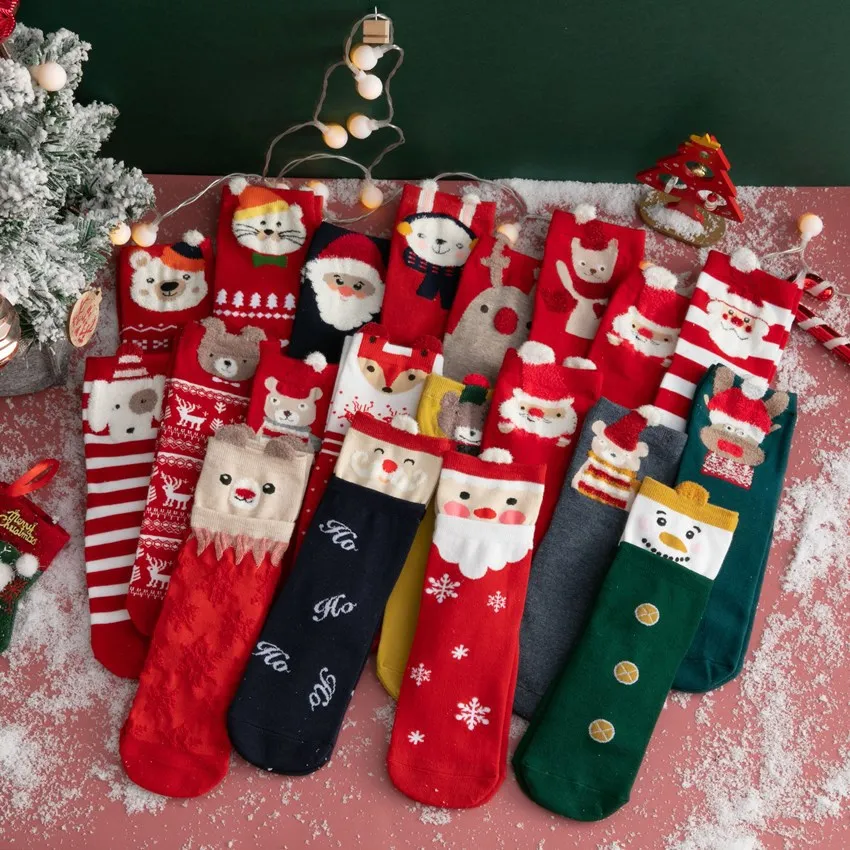 

1PR рождественские чулки 20 Лось старый медведь женские носки до середины икры Мультяшные рождественские красные носки из чистого хлопка для нового года