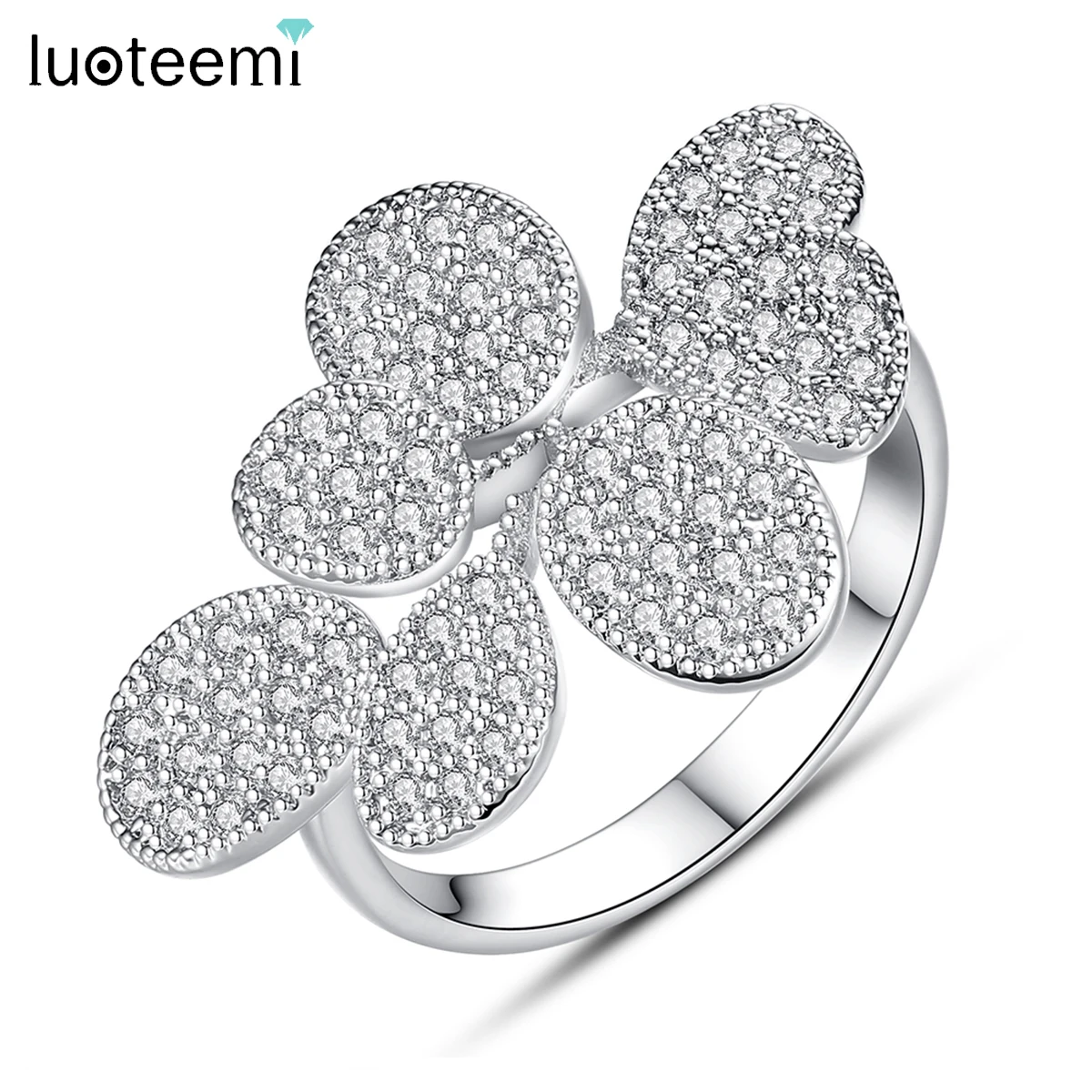 

LUOTEEMI Flower Cubic Zirconia Adjustable Ring Designer Unique Shinning Micro CZ Paved Korean Fashion Open Finger Rings Gift