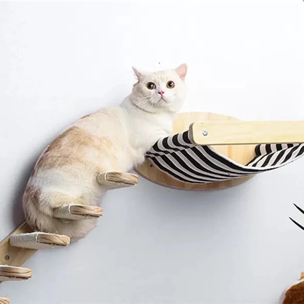 

2 Pieces Cat Hammock and Climbing Stairway Wall Mounted Wooden Cat Furniture Bed Perch and Sleeping Playing for Cat
