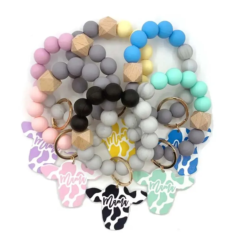 

MAMA Cow Elastic Silicone Beaded Bracelet Keychain For Women Cute Modern Car Key Holder Wristlet Bangle Keyring Gift For Her