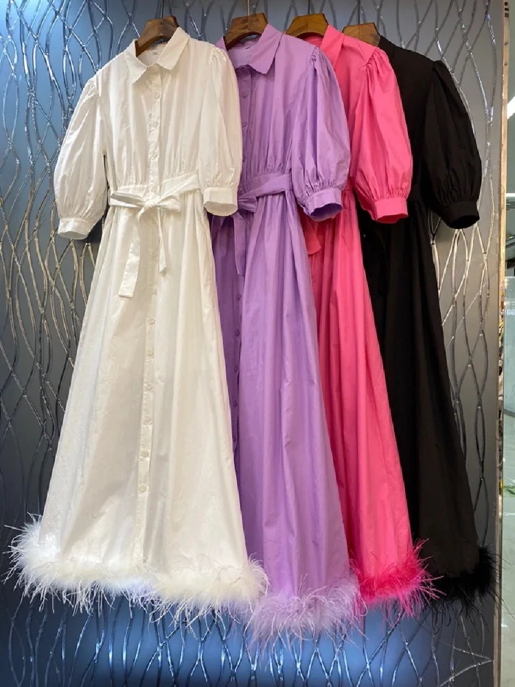 High Quality New 2022 Autumn Long Dress Women Turn-down Collar Feather Deco Half Sleeve Casual White Rose Red Purple Maxi Dress
High Quality New 2022 Autumn Long Dress Women Turn-down Collar Feather Deco Half Sleeve Casual White Rose Red Purple Maxi Dress