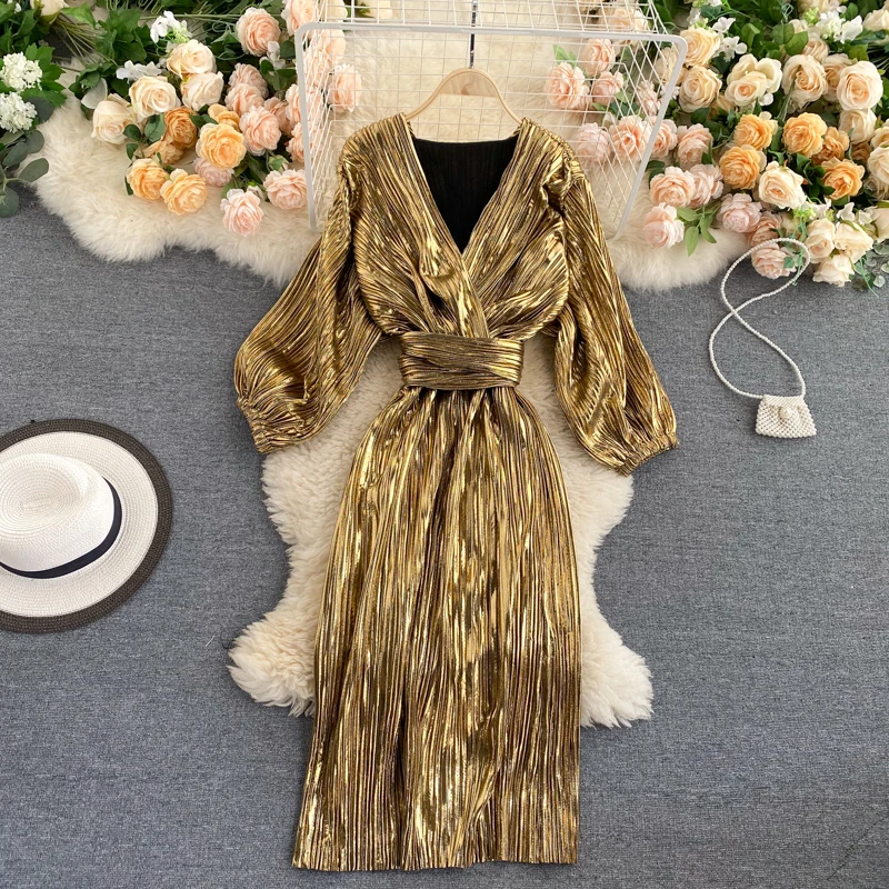 Dresses For Women Vintage Clothes Gold Shimmer Pleated Elegant Belted Midi Dress Sexy Deep V Neck Evening Party Dress
Dresses For Women Vintage Clothes Gold Shimmer Pleated Elegant Belted Midi Dress Sexy Deep V Neck Evening Party Dress