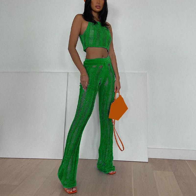 WUHE Sexy Hollow Out Knitted Two Piece Set Women Summer Beach Outfits Sleeveless Vest Crop Top Slim Flare Pants Casual Suit
WUHE Sexy Hollow Out Knitted Two Piece Set Women Summer Beach Outfits Sleeveless Vest Crop Top Slim Flare Pants Casual Suit