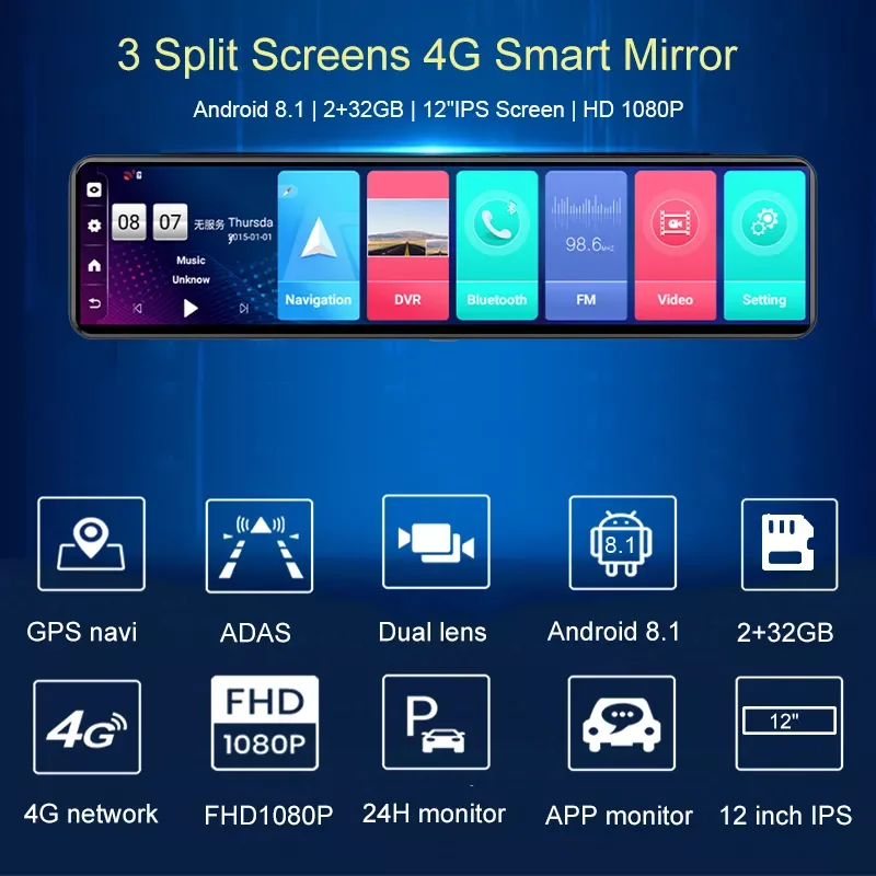 Видеорегистратор автомобильный на зеркало заднего вида, 12 дюймов, GPS-навигация, Wi-Fi, 4G, 1080P, ADAS, Android 
Видеорегистратор автомобильный на зеркало заднего вида, 12 дюймов, GPS-навигация, Wi-Fi, 4G, 1080P, ADAS, Android