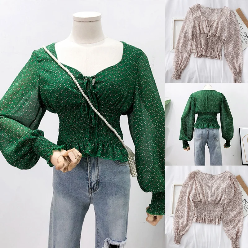 Женская шифоновая рубашка с цветочным принтом, V-образным вырезом и рукавами-фонариками
Женская шифоновая рубашка с цветочным принтом, V-образным вырезом и рукавами-фонариками