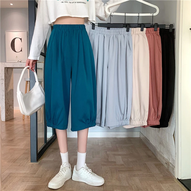 

Summer New Loose Bloomers Casual Elastic Waist Wide Leg Pants Large Size Middle Waist Women's Solid Color Culottes Cropped Pants