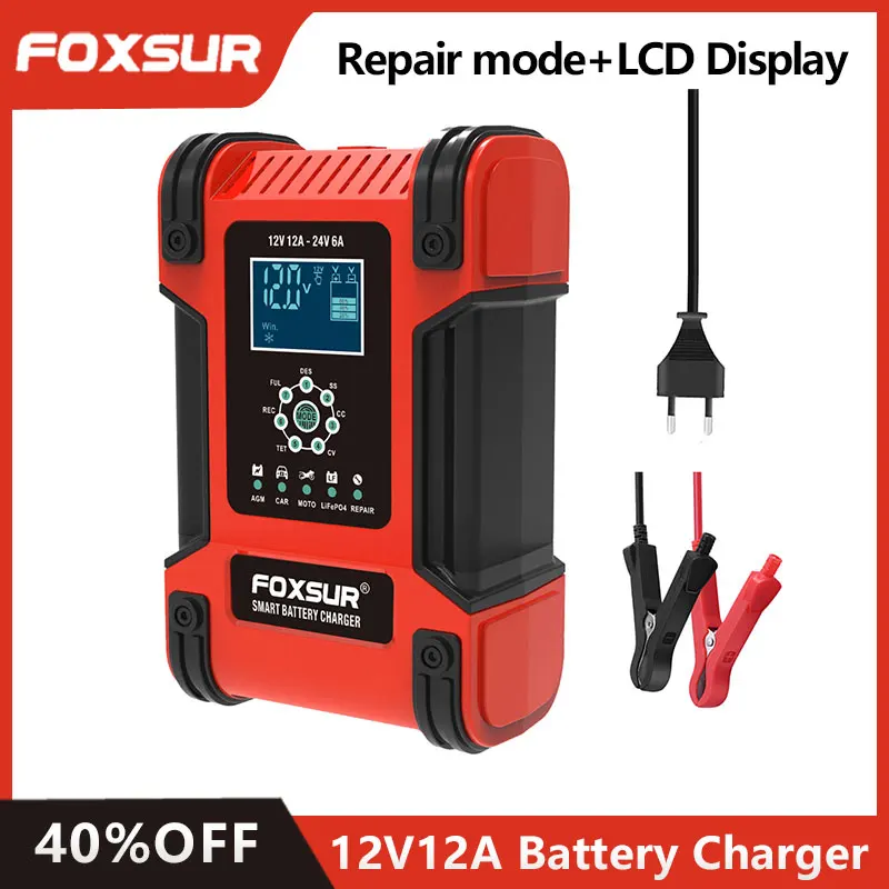 

Foxsur 12V 12A Full Automatic Car Battery Charger Digital Display Battery Charger Power Pulse Repair Chargers Wet Dry Lead Acid