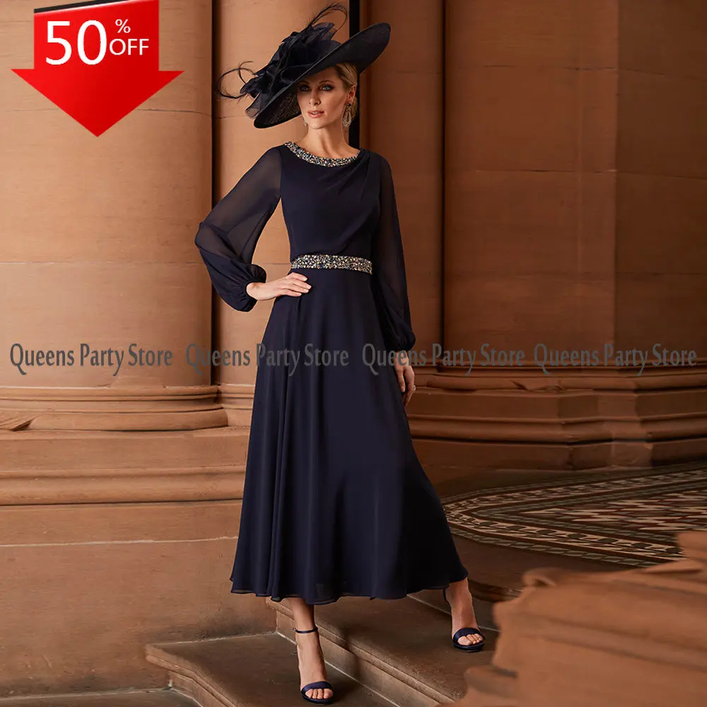 Navy Mother of The Bride Dress Long Sleeves Scoop Rhinestones Beading Chiffon A Line Evening Party Gown Wedding Guest Dresses
Navy Mother of The Bride Dress Long Sleeves Scoop Rhinestones Beading Chiffon A Line Evening Party Gown Wedding Guest Dresses