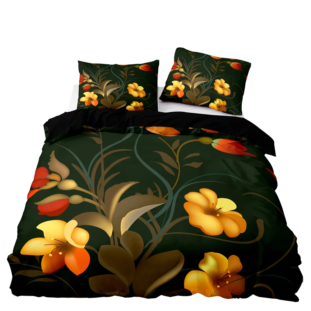 

Orange Petal Print Bedding Set Brown Branches Duvet Cover Set Red Buds Bedclothes 2/3pcs Black Pastoral Style Double Queen Size