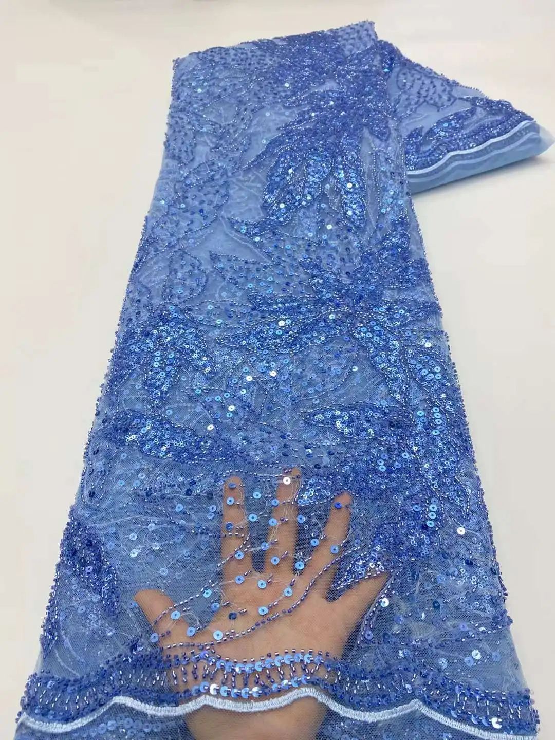 

2022 нигерийский дизайн, небесно-голубой высококачественный тюль с блестками ручной работы, кружево, африканские Роскошные бусины, 5 ярдов ткани для женского платья для выпускного вечера