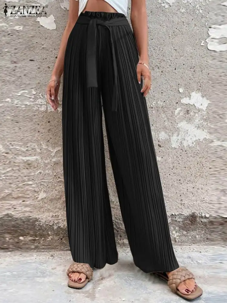 

ZANZEA 2023 Women Casual Oversized Trousers Pleated Loose Pants Summer High Waisted Solid Office Wide Leg Belted Pants Pantalon