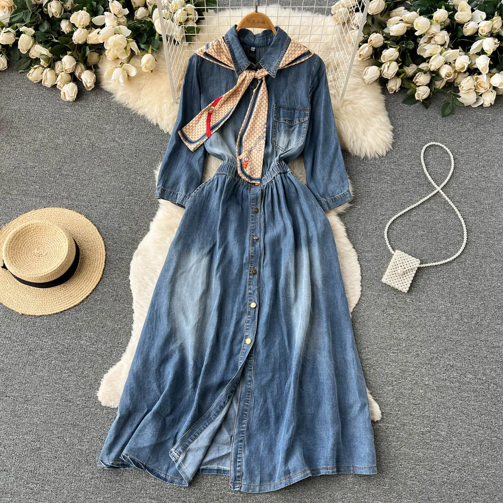 Autumn New Long-sleeved Elastic Waist Single-breasted Denim Dress Waistband Cape Dress
Autumn New Long-sleeved Elastic Waist Single-breasted Denim Dress Waistband Cape Dress