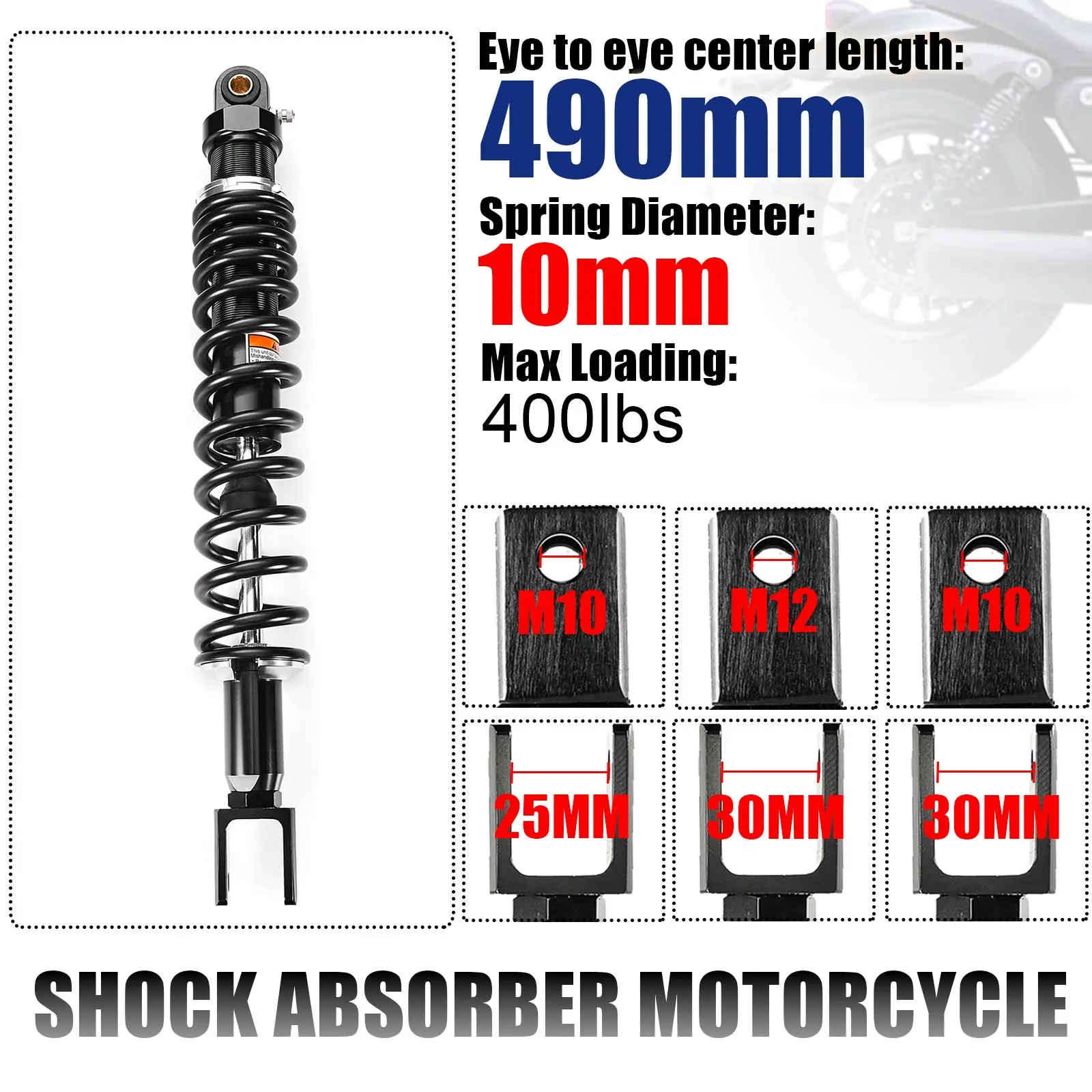 490mm Spring 10mm Fork Head Strong Motorcycle Shock Absorber Rear Suspension Motor ATV Quad Falling protection 400lbs M10 M12
490mm Spring 10mm Fork Head Strong Motorcycle Shock Absorber Rear Suspension Motor ATV Quad Falling protection 400lbs M10 M12