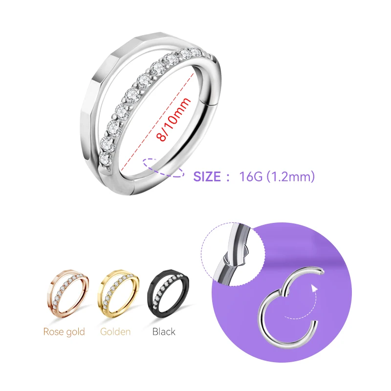 

Hot Selling ASTM-F136 Titanium CNC Two Row Setting Zircon Prong Set Nose Daith Ear Piercing Clicker Fashion G23 Mose Ring