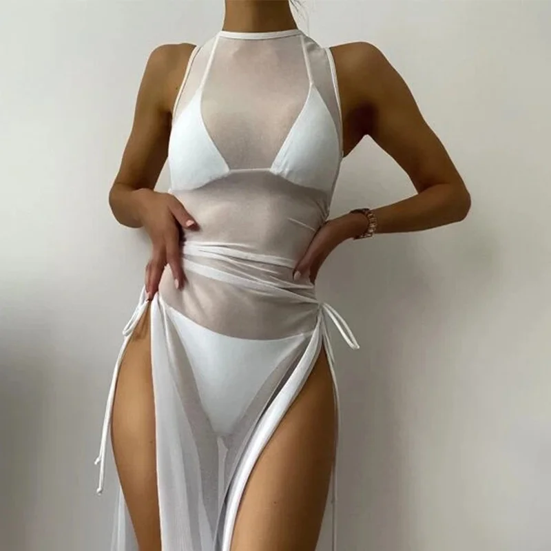 

Zoctuo 2022 Bathing Suits Sheer Mesh Beach Dress 3 Piece Set Lace Up Split Sleeveless Cover Ups Swimwear Sexy Summer Swimsuits