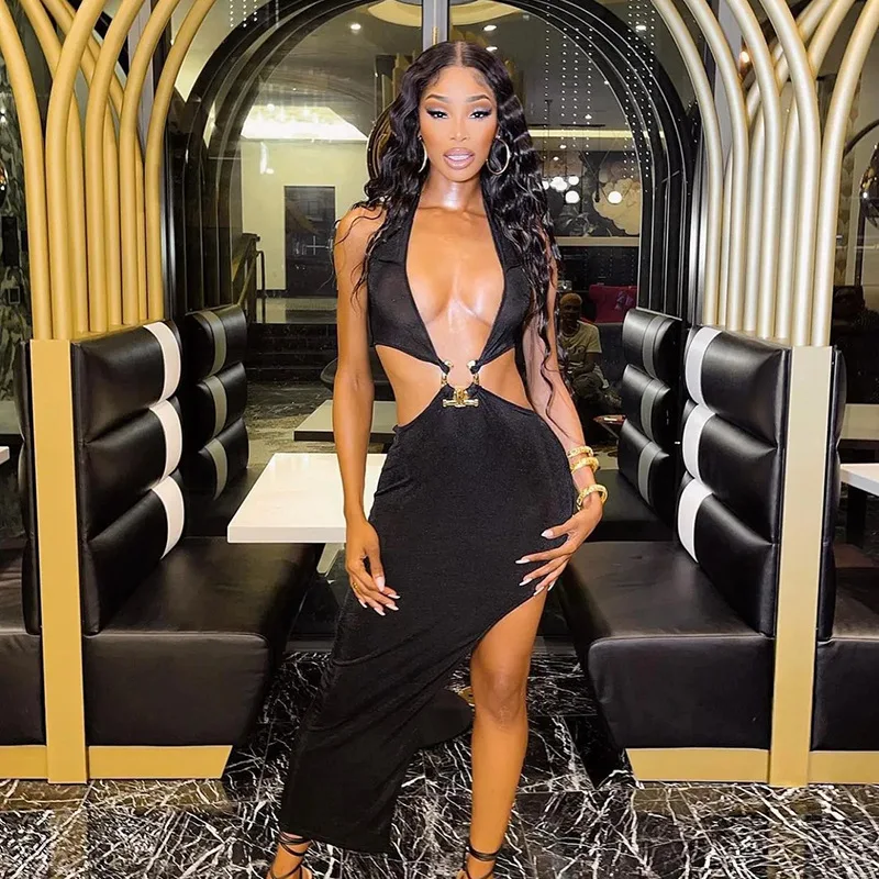 Sexy Women's Summer New Women's Metal Ring Halter Deep V Hollow Out Sexy High Waist Slit Dress Long Skirt Free Shipping
Sexy Women's Summer New Women's Metal Ring Halter Deep V Hollow Out Sexy High Waist Slit Dress Long Skirt Free Shipping