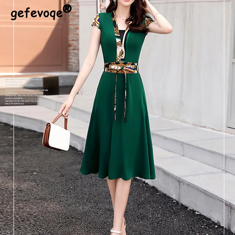 Women Summer V Neck Print Patchwork Lace Up Tunic Midi Dress Korean Fashion Elegant Chic Short Sleeve Party Ladies Dresses Robe
Women Summer V Neck Print Patchwork Lace Up Tunic Midi Dress Korean Fashion Elegant Chic Short Sleeve Party Ladies Dresses Robe