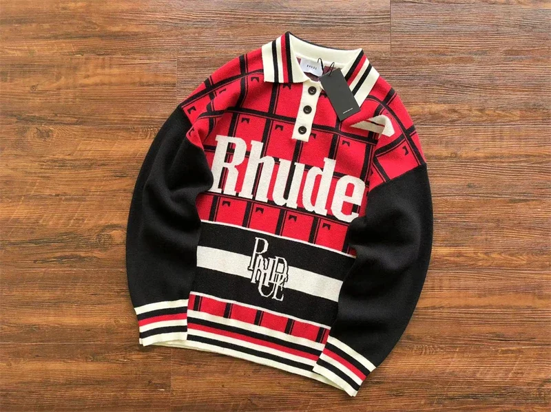 

y2k Rhude Jacquard Plaid Sweater Men Women Loose Knitted Sweatshirts Inside Tags hoodies