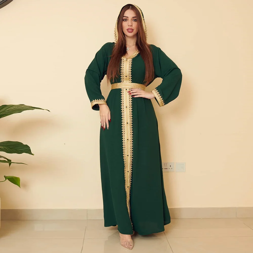 

Green Elegant Muslim Plus Size Hooded Maxi Dress Abaya Femme Moroccan Caftan Belt Arabian Pakistan Veiled Women Clothes Ramadan