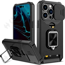 Case For iPhone 14 13 12 11 Pro Max XS XR 8 7 Plus Slide Camera Card Holder Slot Duty Wallet Protective With Ring Stand Cover
