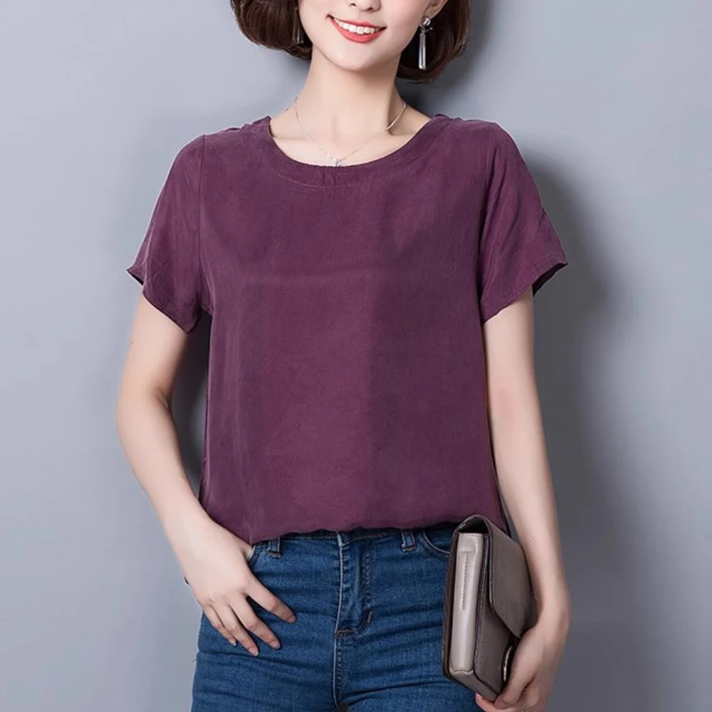 Summer Simple Fashion Women's Silk Shirts Loose Top Blouses Vintage O-Neck Short Sleeve Casual Clothing
Summer Simple Fashion Women's Silk Shirts Loose Top Blouses Vintage O-Neck Short Sleeve Casual Clothing