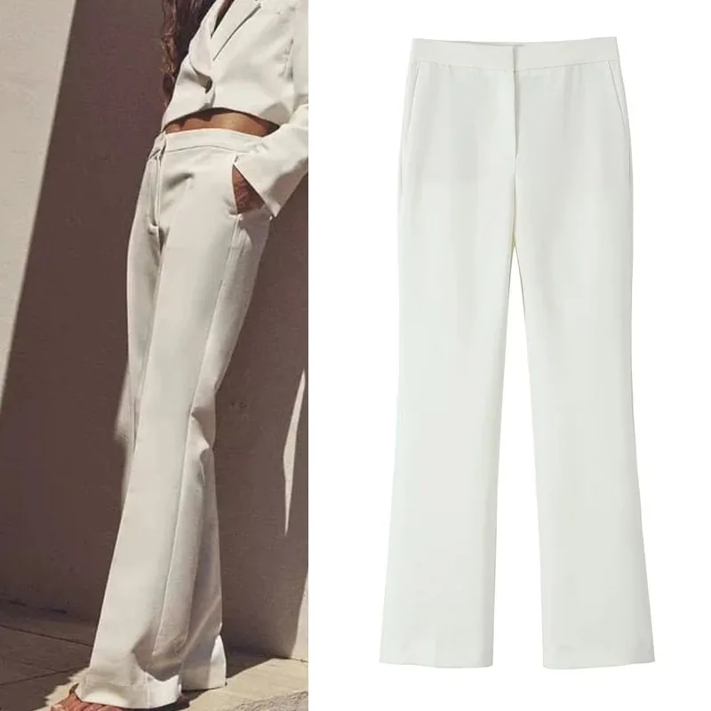 

TRAF Woman White Flared Pants 2023 Mid Waist Pockets Women's Pants Female Clothing Flared Legs Commuter Pant Sets Chic Trousers