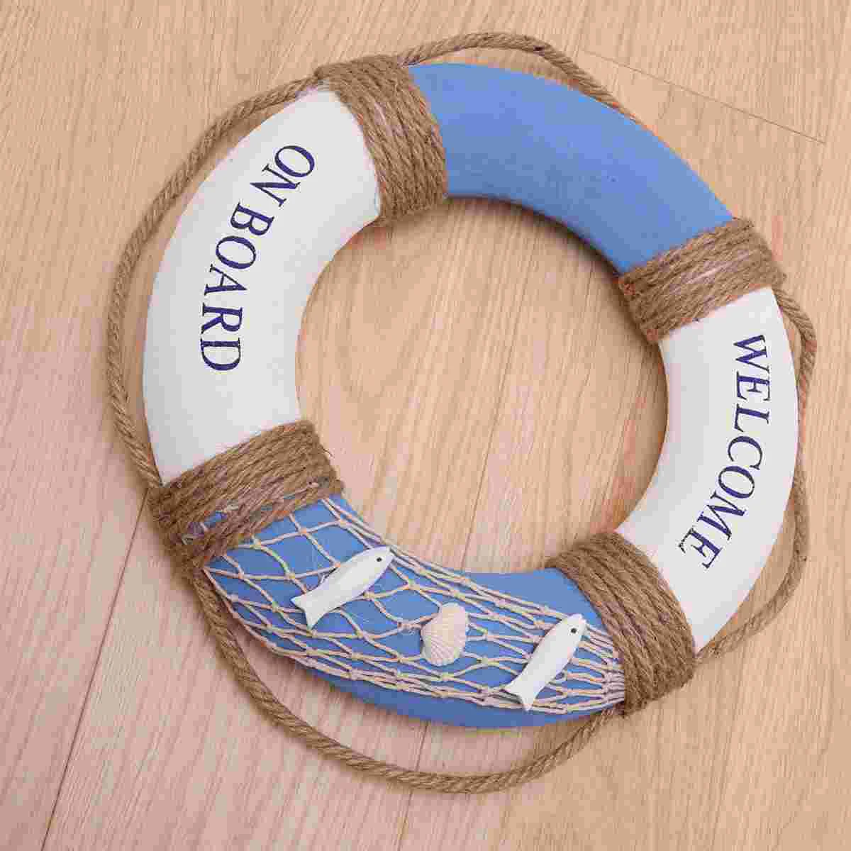 

30cm Hanging Lifebuoy Decoration Mediterranean Style Crafts Home Decoration for Cafe Shop Bar Living Room Decor (Blue Fish)