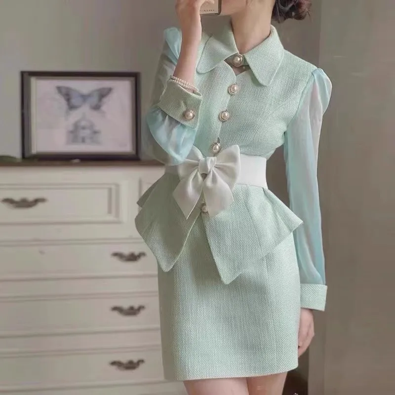 Spring Autumn Sweet Tweed Bodycon Skirt Suit Women Cute Bow Belt Elegant Tops Mini Skirts Green Office Set Womens 2 Pieces Chic
Spring Autumn Sweet Tweed Bodycon Skirt Suit Women Cute Bow Belt Elegant Tops Mini Skirts Green Office Set Womens 2 Pieces Chic