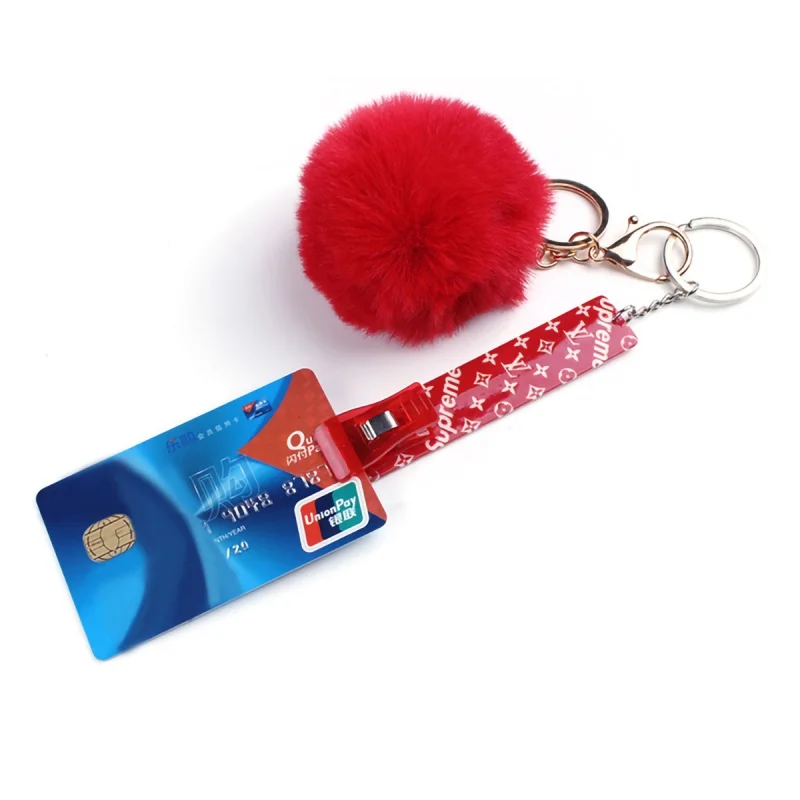 

Credit Card Puller ATM Keychain Cute Acrylic Debit Bank Card Grabber for Long Nails With Pom Pom Ball And Plastic Clip