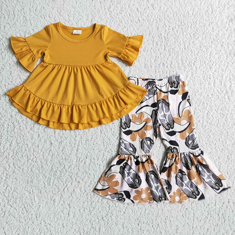 Boutique western clothing yellow ruffled tunic top kids fall clothing boots print bell bottom pants two piece set for girl
Boutique western clothing yellow ruffled tunic top kids fall clothing boots print bell bottom pants two piece set for girl