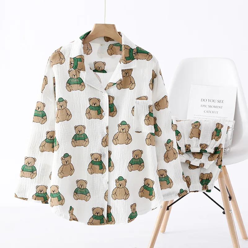 Green Bear Pajamas Lovers Long-sleeved Trousers Home Clothes 100% Cotton Gauze Pajama Set Women and Men Two Piece Set Summer 
Green Bear Pajamas Lovers Long-sleeved Trousers Home Clothes 100% Cotton Gauze Pajama Set Women and Men Two Piece Set Summer