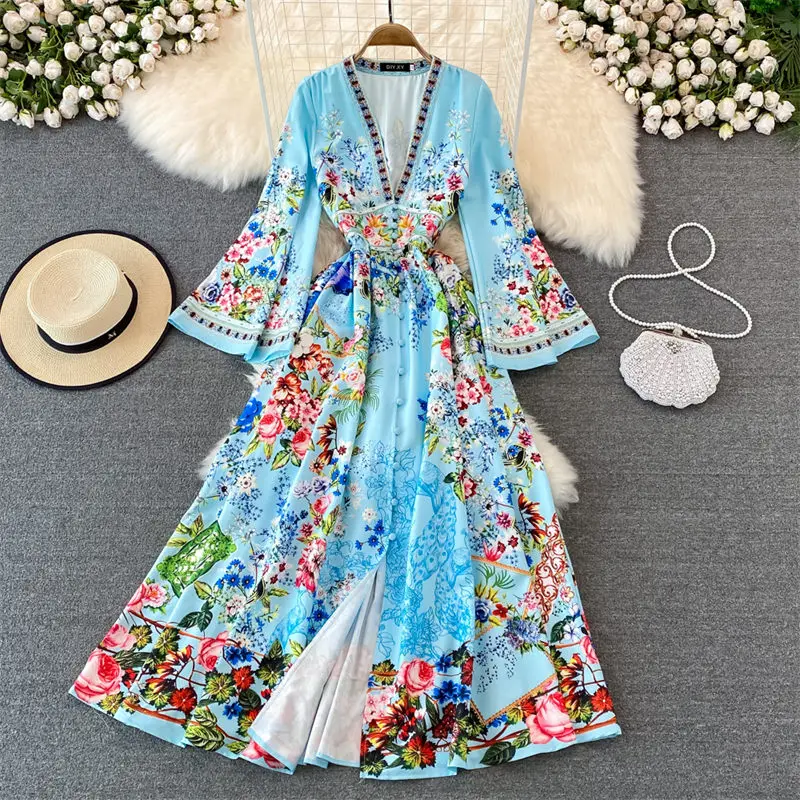 Beach Holiday Bohemian Ethnic Print V-Neck Flare Sleeve Dress Elegant Temperament Long Dress Maxi Women Spring Vestidos T1811
Beach Holiday Bohemian Ethnic Print V-Neck Flare Sleeve Dress Elegant Temperament Long Dress Maxi Women Spring Vestidos T1811
