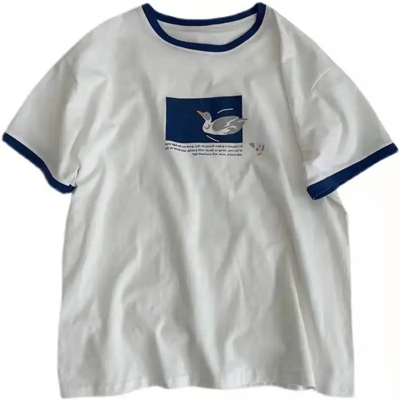 Women's T-shirt 2023 Summer Clothing Lazy Cotton Contrast Letter Cartoon Duck Print Short Sleeve White Tees Tops Y2k
Women's T-shirt 2023 Summer Clothing Lazy Cotton Contrast Letter Cartoon Duck Print Short Sleeve White Tees Tops Y2k