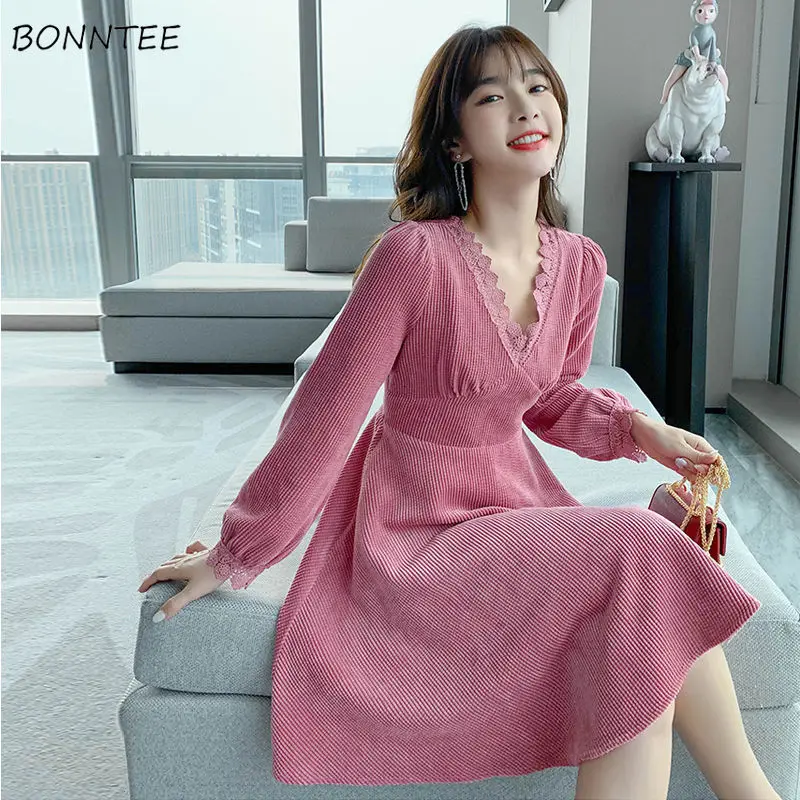 Corduroy Dress Women Pink A-line Temperament Baggy All-match Sweet Lace Leisure Korean Style Spring Fall Long Sleeve Sexy V-neck
Corduroy Dress Women Pink A-line Temperament Baggy All-match Sweet Lace Leisure Korean Style Spring Fall Long Sleeve Sexy V-neck