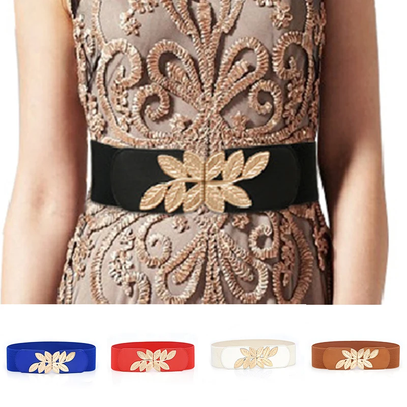 

Women's PU Leather Slimming Waist Belt Vintage Carved Leaves Corset Wide Belt Female Embellished Buckle Super Loose Belt