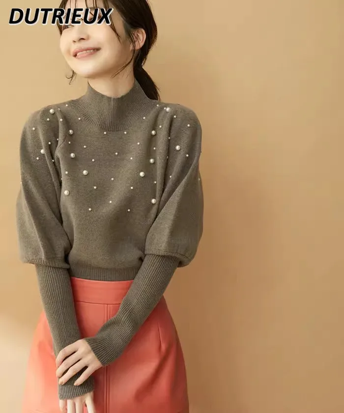 

Japanese Long Sleeve Knitwear Pearl Embellished Half Turtleneck Bottoming Shirt Sweet Elegant Girls Solid Color Slim Fit Sweater