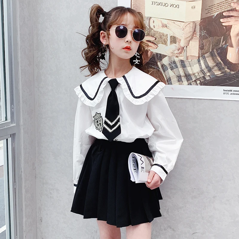 College style Child Girls Clothing Cotton White Shirts with Tie Black pleated skirt pantskirt Fashion Girl Outfit School Uniform
College style Child Girls Clothing Cotton White Shirts with Tie Black pleated skirt pantskirt Fashion Girl Outfit School Uniform