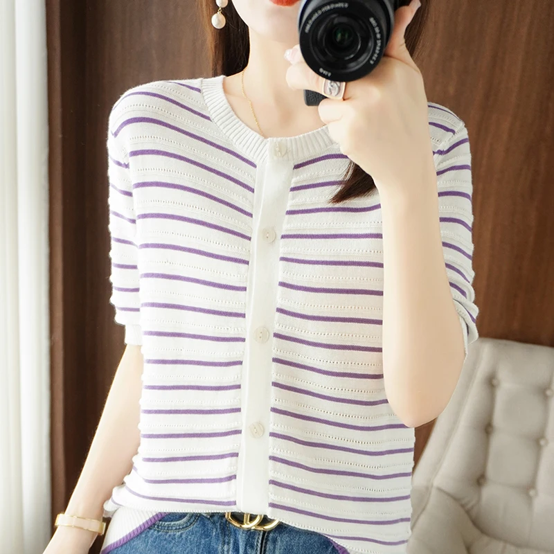 2022 summer new 100% cotton t-shirt hollow knit O-neck ladies short-sleeved sweater thin cardigan T-shirt Comfortable and simple
2022 summer new 100% cotton t-shirt hollow knit O-neck ladies short-sleeved sweater thin cardigan T-shirt Comfortable and simple