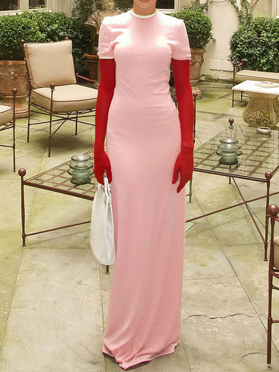 Women s Long Fitted Party Dress Pink Short Sleeve Crewneck Contrast Color Dress with Arm Sleeves
Women s Long Fitted Party Dress Pink Short Sleeve Crewneck Contrast Color Dress with Arm Sleeves