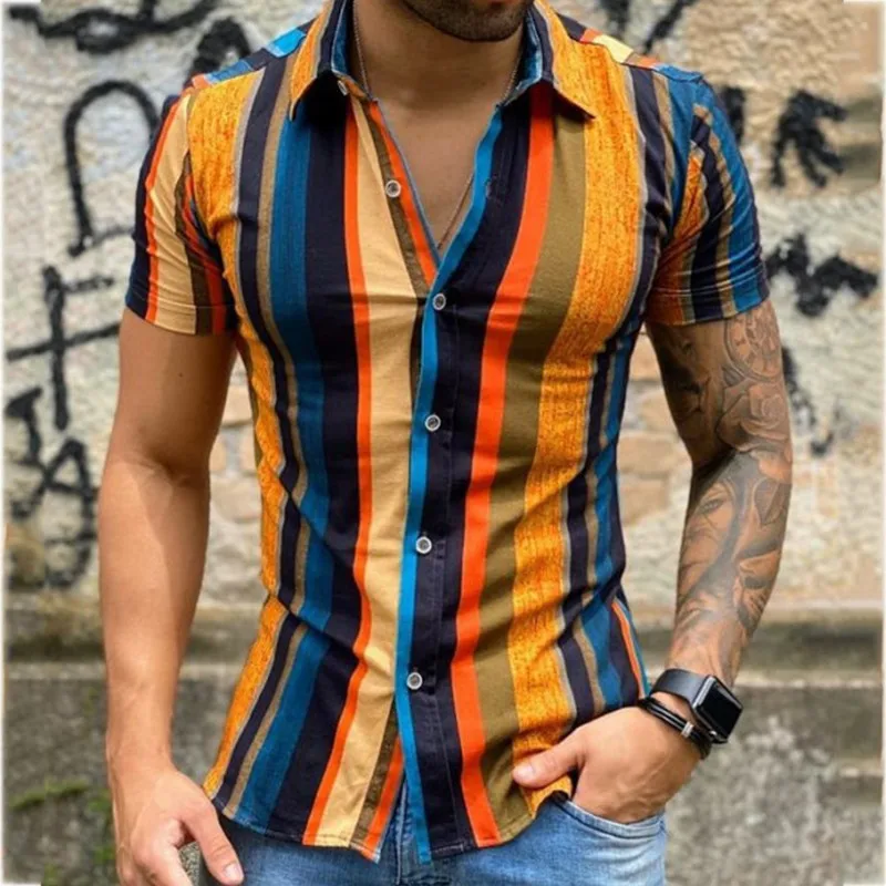 

Рубашка мужская с цветными полосками, Повседневная модная стильная блузка на пуговицах, мужская рубашка с коротким рукавом, лето