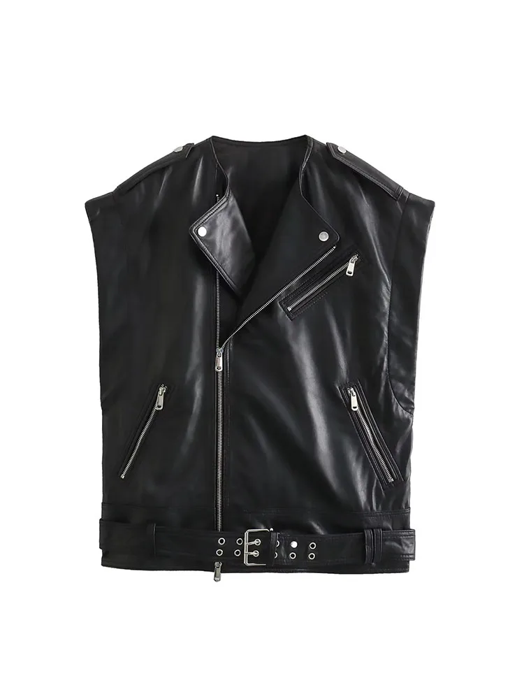 TRAF PU Jacket Vest Turn-down Collar Zippers Loose Casual Faux Leather Coat 2023 Autumn Winter Sleeveless Coats Women Jacket
TRAF PU Jacket Vest Turn-down Collar Zippers Loose Casual Faux Leather Coat 2023 Autumn Winter Sleeveless Coats Women Jacket