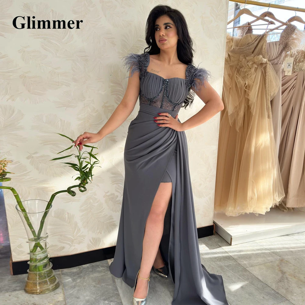 Glimmer Sparkly Trumpet Evening Dresses For Wedding Feather Satin Pleat Zipper Slit Beads Scoop Neck Robes De Soirée Customised
Glimmer Sparkly Trumpet Evening Dresses For Wedding Feather Satin Pleat Zipper Slit Beads Scoop Neck Robes De Soirée Customised