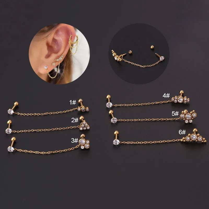 

1Pair Stainless Steel Double Pierced Zircon Stud Earrings for Women Trendy Jewelry Piercing Detachable Chain Earring for Teens