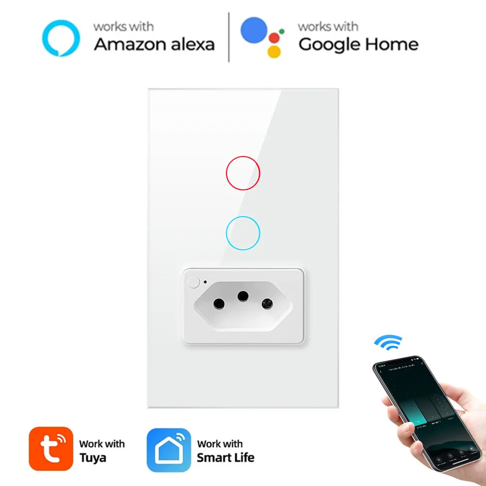 

Brazil Tuya WiFi Wall Touch Switch Standard Socket 4 X 2 Glass Panel 1/2 Buttons Smart Light Switch Works With Alexa Google Home