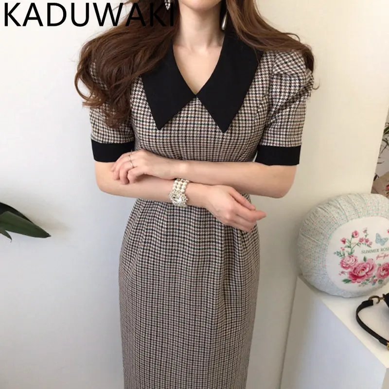

Korean Chic Contrast Color Dress Patch Houndstooth Plaid High Waist Hip Split Design Vestido Slim Fit Long Robe 2023 New