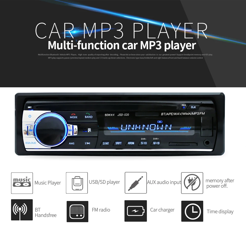 

Car Radio 12V Bluetooth V2.0 Car Audio Stereo In-dash 1Din FM Aux Input Receiver SD USB MP3 MMC WMA AutoRadio Player