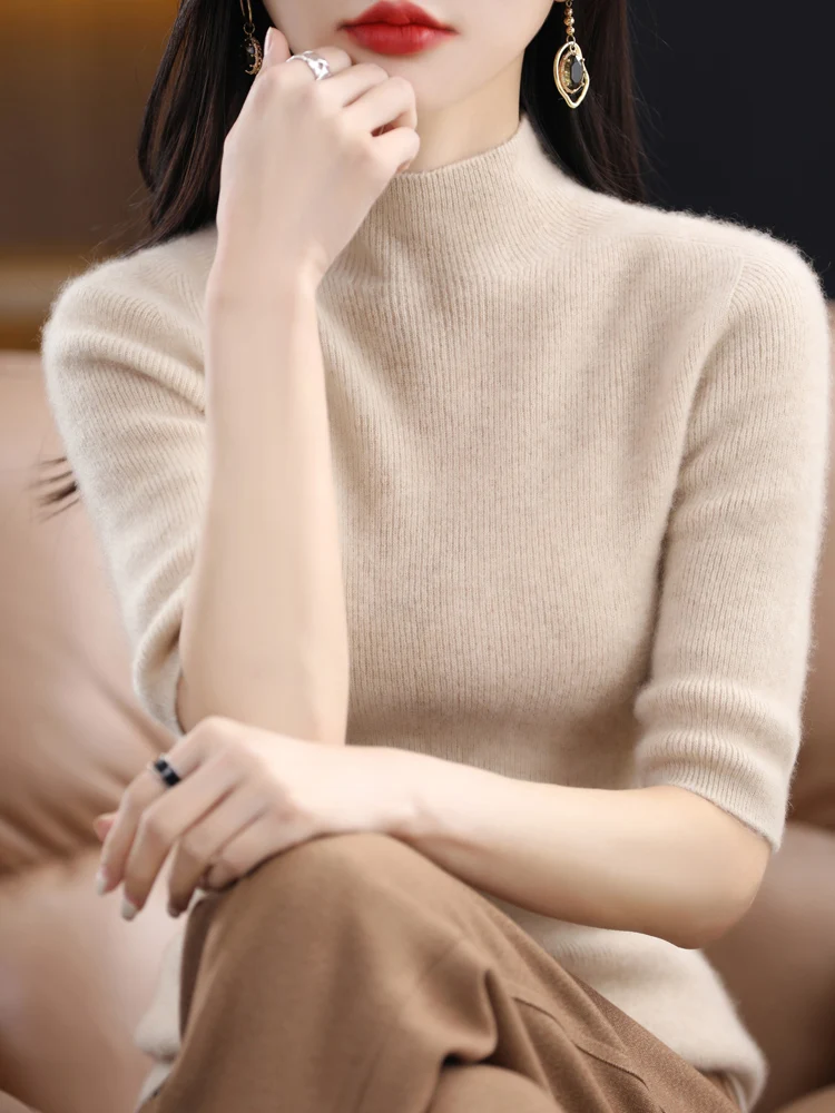 Женский трикотажный свитер из мериносовой шерсти, с коротким рукавом и ложным воротником
Женский трикотажный свитер из мериносовой шерсти, с коротким рукавом и ложным воротником