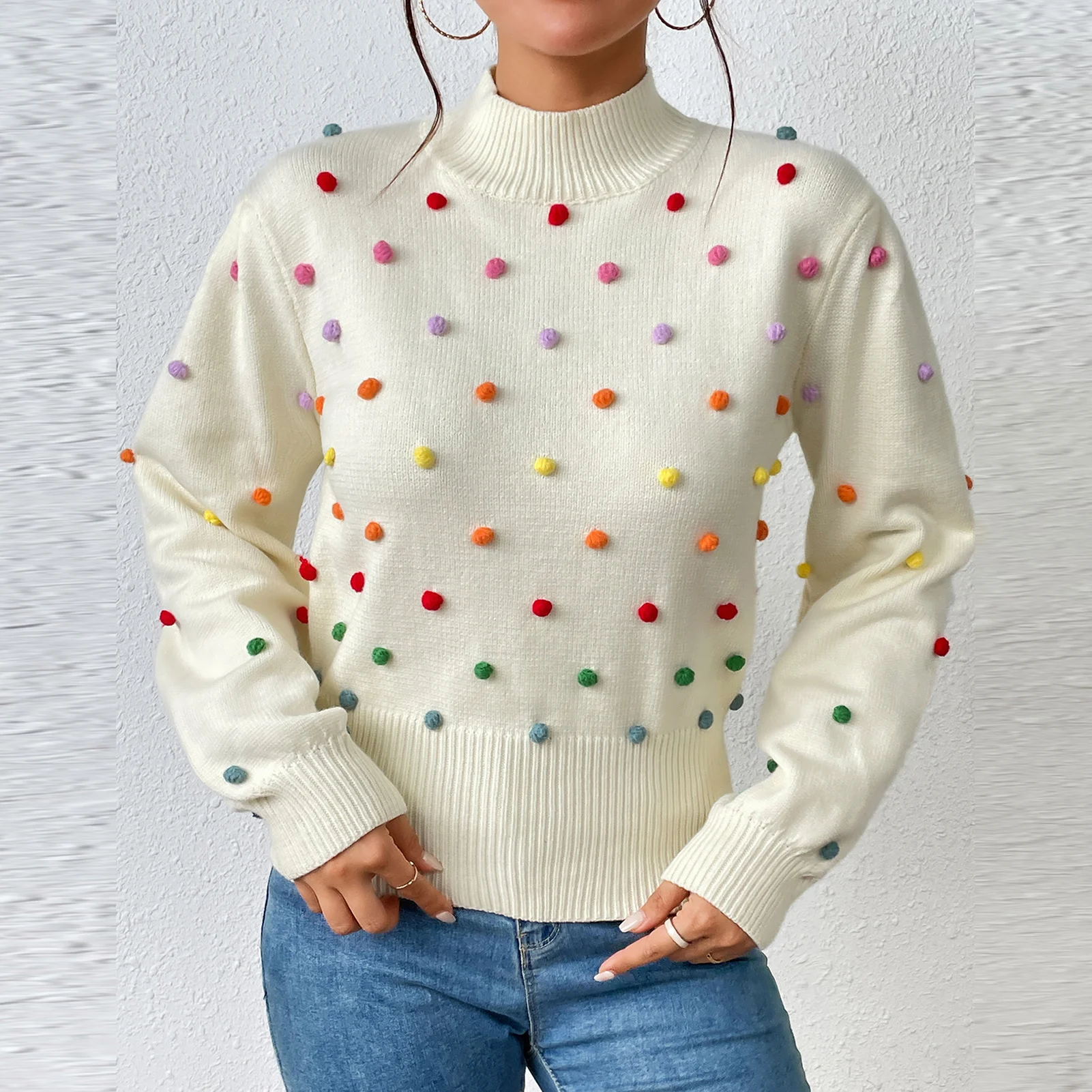 

Sweater Pullover for Women's Basic Rainbow Pom Pom Jumper Vintage Knitted Crew Neck Long Sleeve Autumn Winter Outdoor Wear