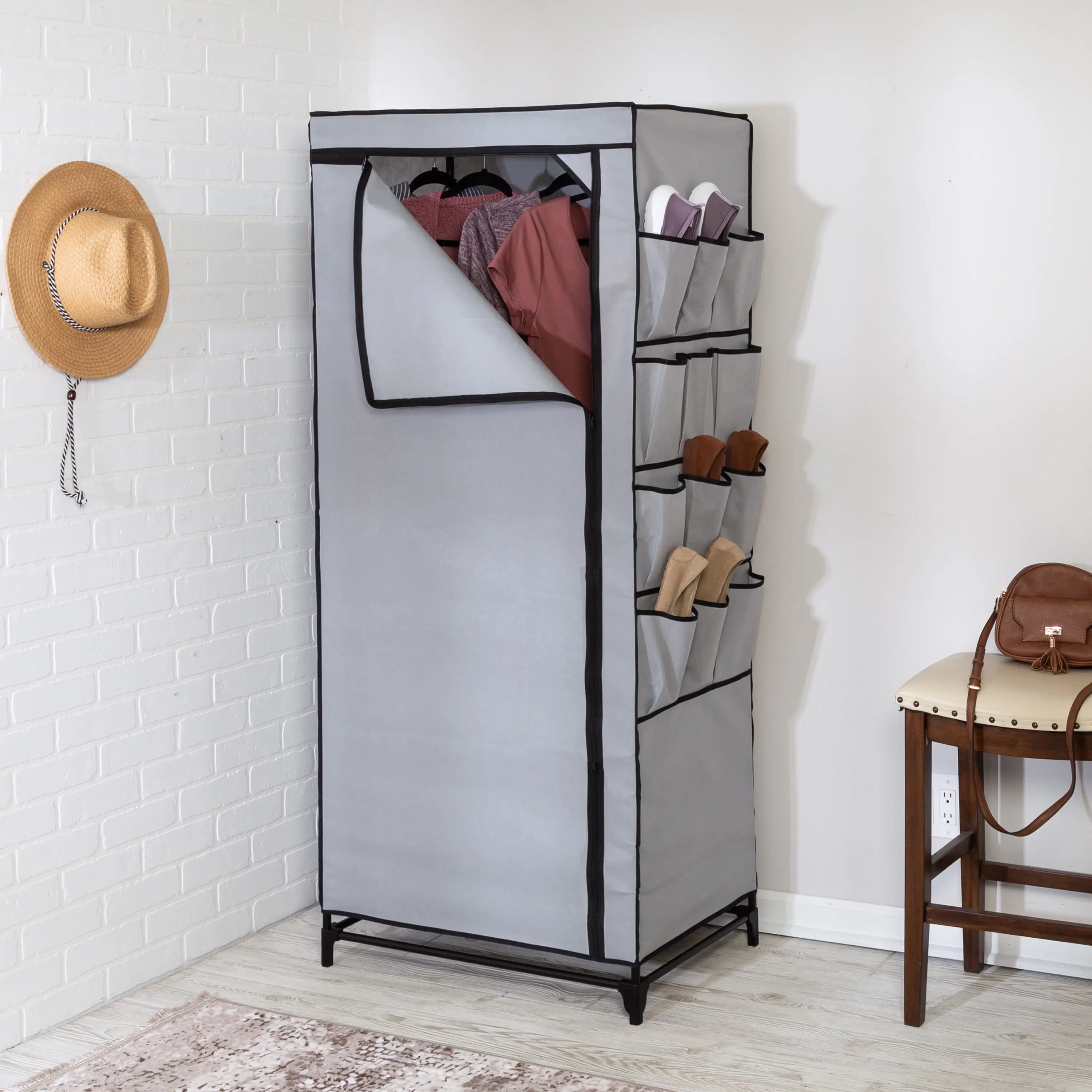 27.17" W Steel and Non-Woven Portable Wardrobe with Cover and 12 Side Pockets, Gray/Black
27.17" W Steel and Non-Woven Portable Wardrobe with Cover and 12 Side Pockets, Gray/Black