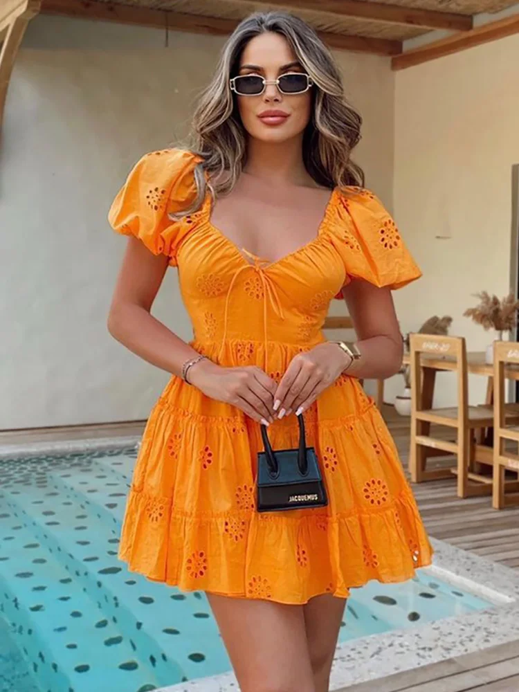 

Summer Dresses For Women 2022 Tiered Ruffle Hem Cutwork Embroidery Dress Sweetheart Neck Tie Bow Short Puff Sleeve Mini Dress